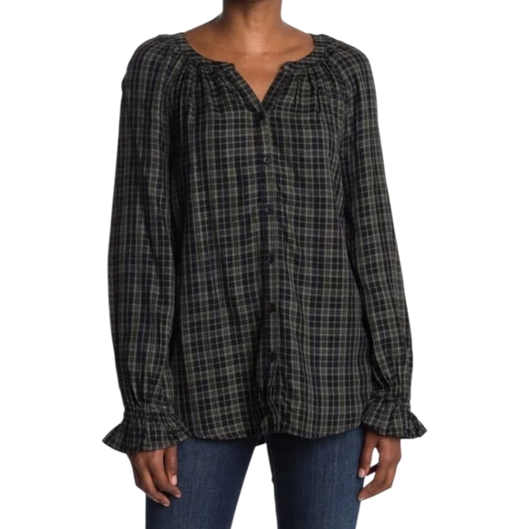 Beachlunchlounge Luna Plaid Ruffle Cuff Tunic Top S Black Gray Long Sleeve - Picture 1 of 11